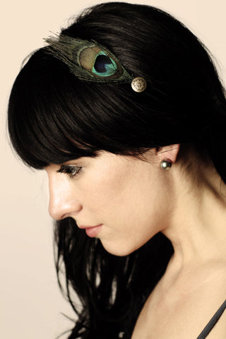 Peacock Feather and Vintage Button Headband Fascinator - Hair Accessory