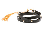 Black Leather Studded Triple Wrap Tassel Bracelet