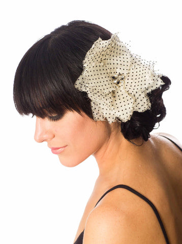 Silk Organza Black Flocked Polka-dot Hair Flower/Brooch