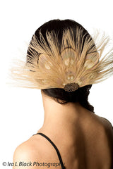 Bleached Peacock Feather Hair Clip With Vintage Medallion - Hair Accessory