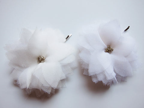 Two White Silk Chiffon Multi Layer Flower Hair Pin - Bridal Hair Accessories