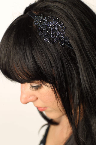 Midnight Blue Hand Appliqued Adjustable Headband- Hair Accessory