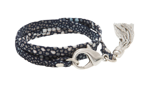Blue and White Speckled Stingray Effect Leather Triple Wrap Bracelet With Silver Tassel