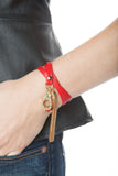 Candy Apple Red and Pewter Snake Skin Leather Triple Wrap Tassel Bracelet