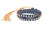 Metallic Blue Nailhead Studded Triple Wrap Tassel Bracelet