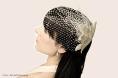 White Hand Beaded Birdcage Veil- Bridal Hair Accessory