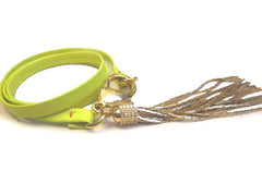 Neon Yellow Leather Triple Wrap Bracelet w/ gold tassel detail