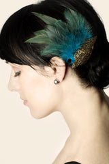 Art Deco Beaded Applique and Feather Hair Clip - Hair Accessory