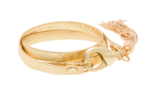 Gold Leather Triple Wrap Tassel Bracelet