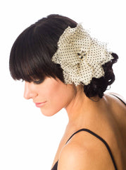 Silk Organza Black Flocked Polka-dot Hair Flower/Brooch