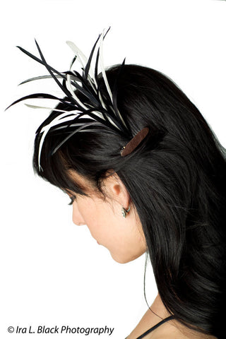 Black and White 1920s Goose Feather Hair Clip With Leather Accents- Hair Accessory