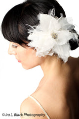 Silk Organza and Feather Flower Hair Clip - Bridal Hair Accessory