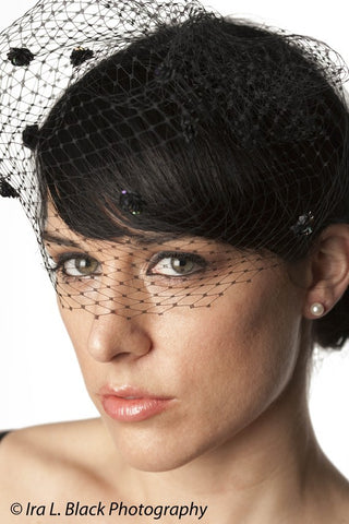 Black Birdcage Veil with Sequin Flowers - Hair Accessory