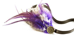 Purple, Brown and White Rooster Feather Headband With Vintage Button- Hair Accessory
