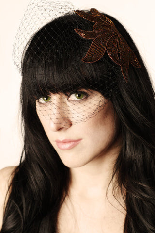 Black Birdcage Veil with Bronze Beaded Applique - Hair Accessory