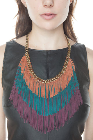 Jewel Tone Fringe and Chain Necklace