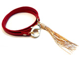 Candy Apple Red and Pewter Snake Skin Leather Triple Wrap Tassel Bracelet