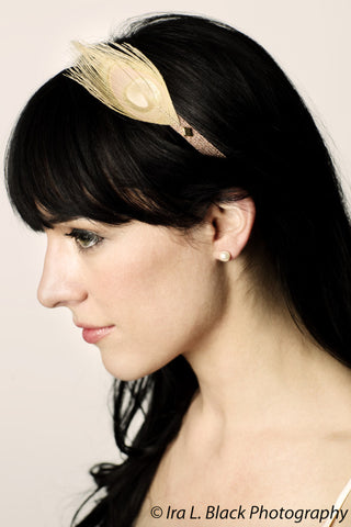 Rose Gold Metallic Headband with Bleached Peacock Feather- Hair Accessory